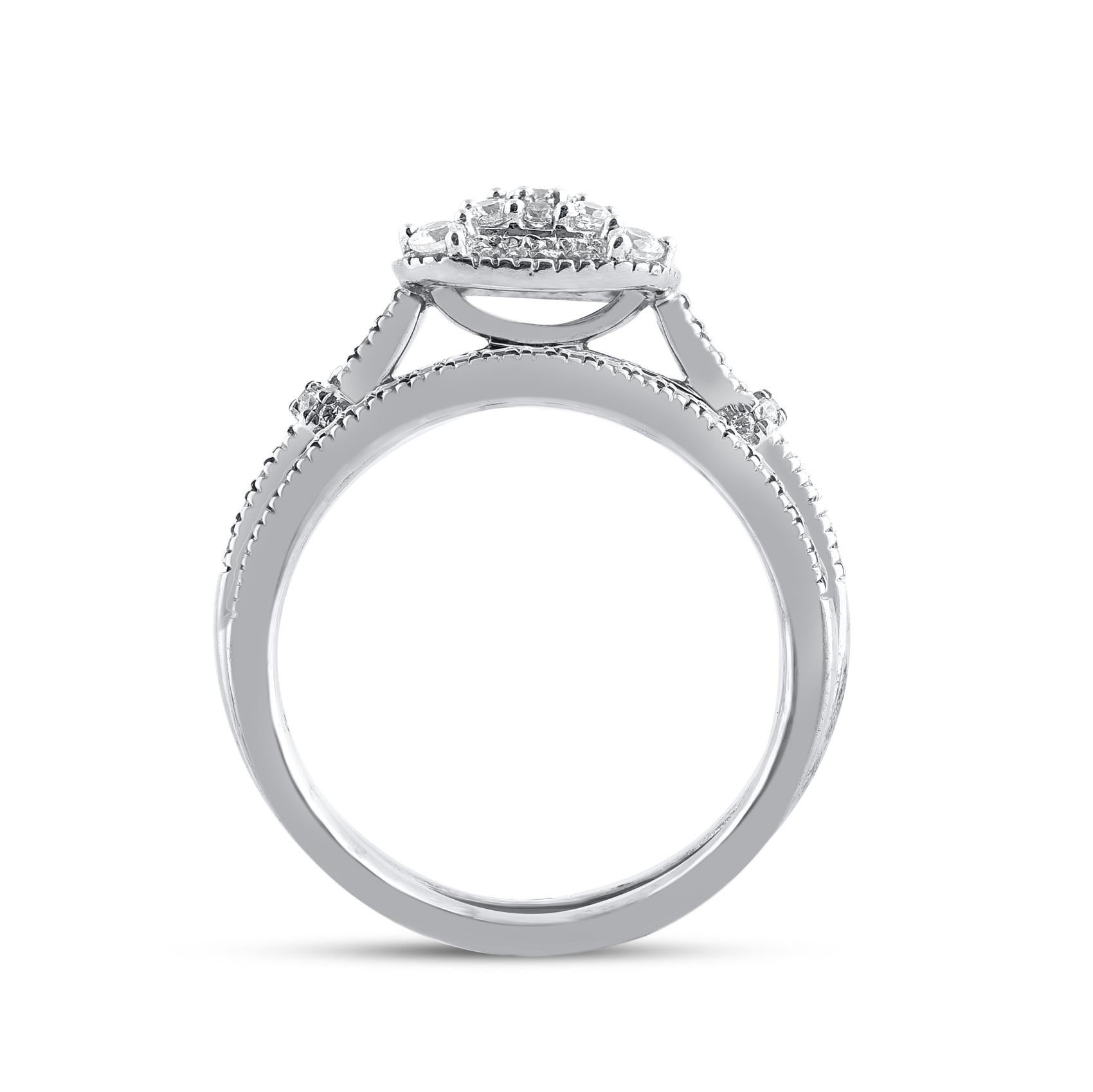 Women's TJD 0.65 Carat Natural Round Cut Diamond 14KT White Gold Halo Bridal Ring Set For Sale
