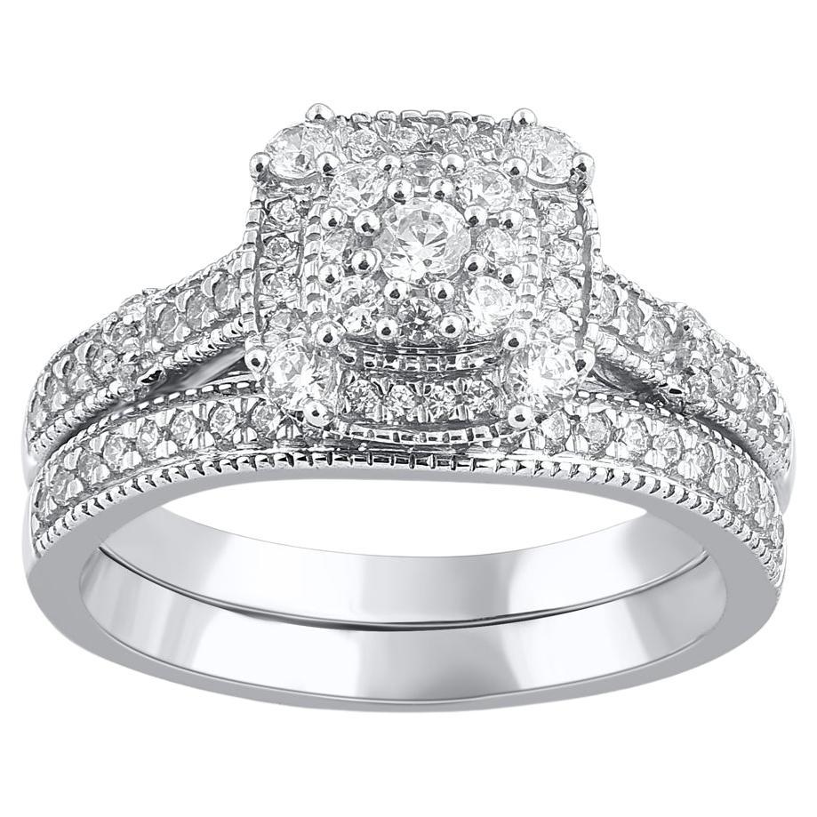 TJD 0.65 Carat Natural Round Cut Diamond 14KT White Gold Halo Bridal Ring Set For Sale