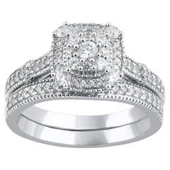 TJD 0.65 Carat Natural Round Cut Diamond 14KT White Gold Halo Bridal Ring Set
