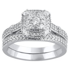 TJD 0.65 Carat Natural Round Cut Diamond 14KT White Gold Halo Bridal Ring Set