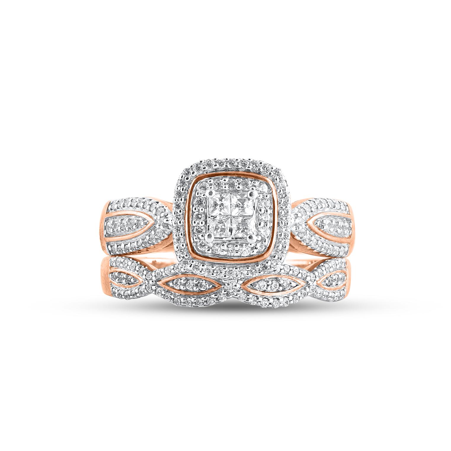 All of love's most precious moments shine through this romantic treasure. Crafted in 14 Karat rose gold. This wedding ring features a sparkling 162 brilliant cut, single cut round diamonds and princess cut diamonds beautifully set in prong, pave and