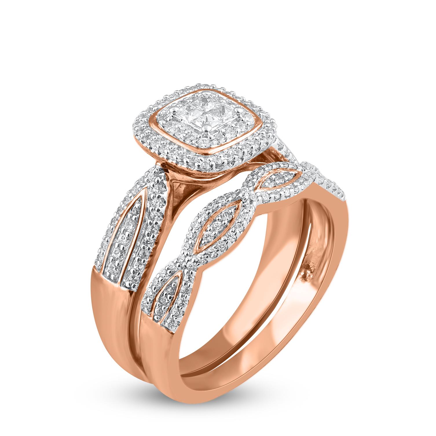 Contemporary TJD 0.65 Carat Round and Princess Cut Diamond 14KT Rose Gold Bridal Ring Set For Sale