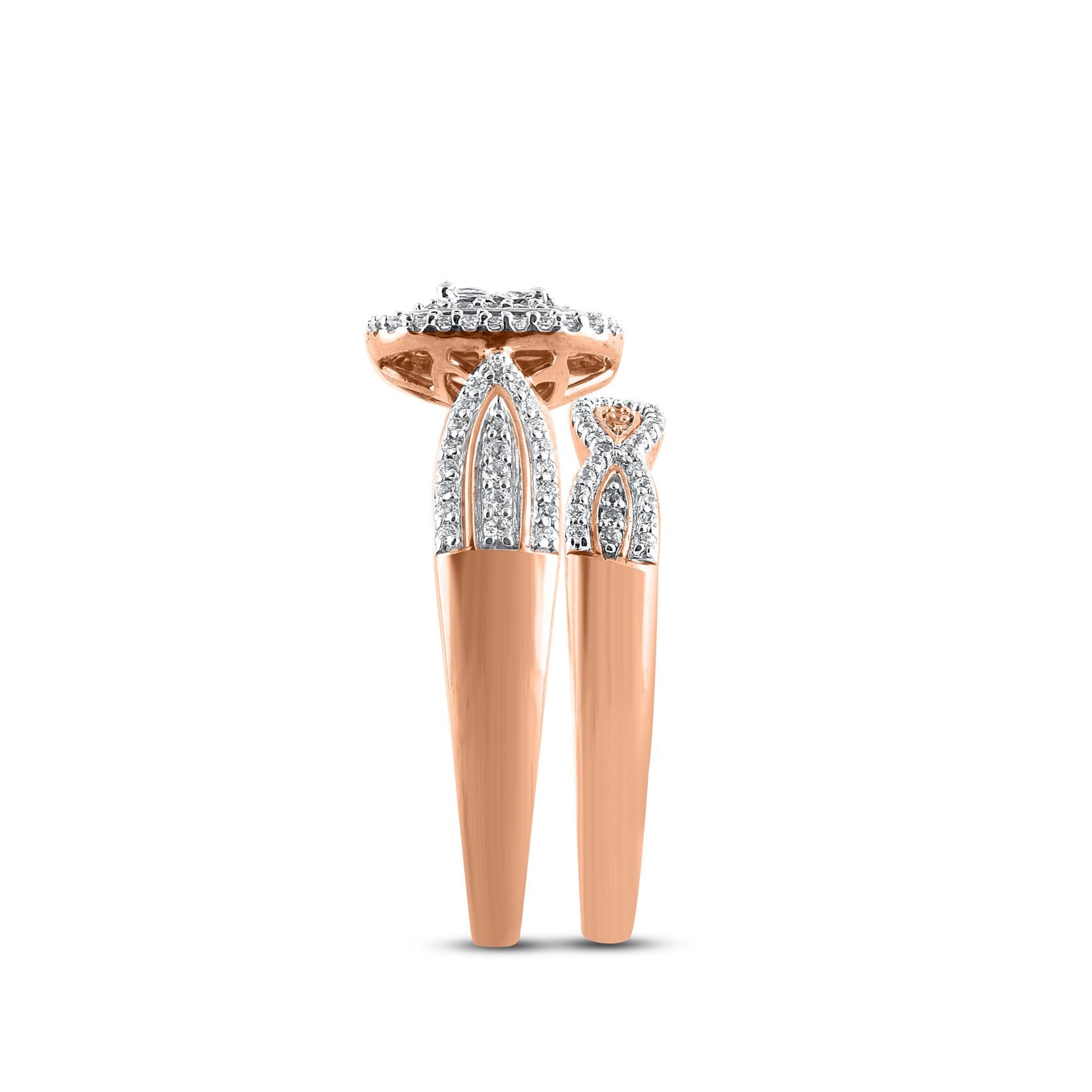 TJD 0,65 Karat runder und Diamant im Prinzessinnenschliff 14KT Roségold Brautring Set (Carréschliff) im Angebot