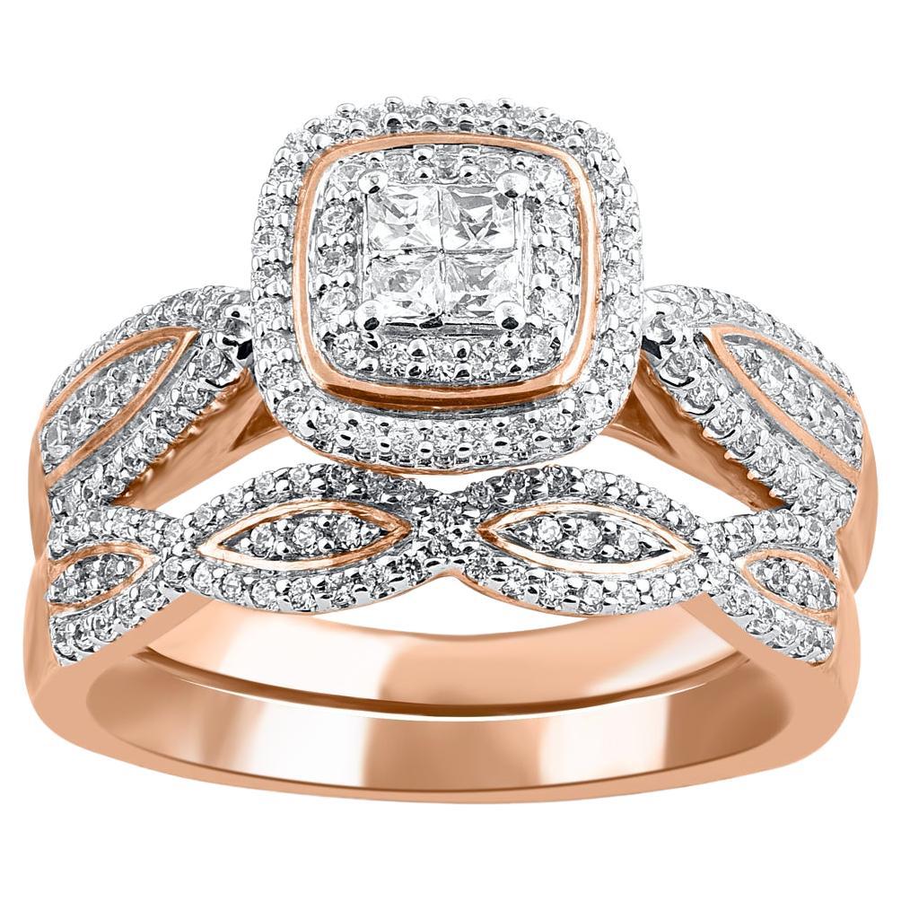 TJD 0.65 Carat Round and Princess Cut Diamond 14KT Rose Gold Bridal Ring Set For Sale