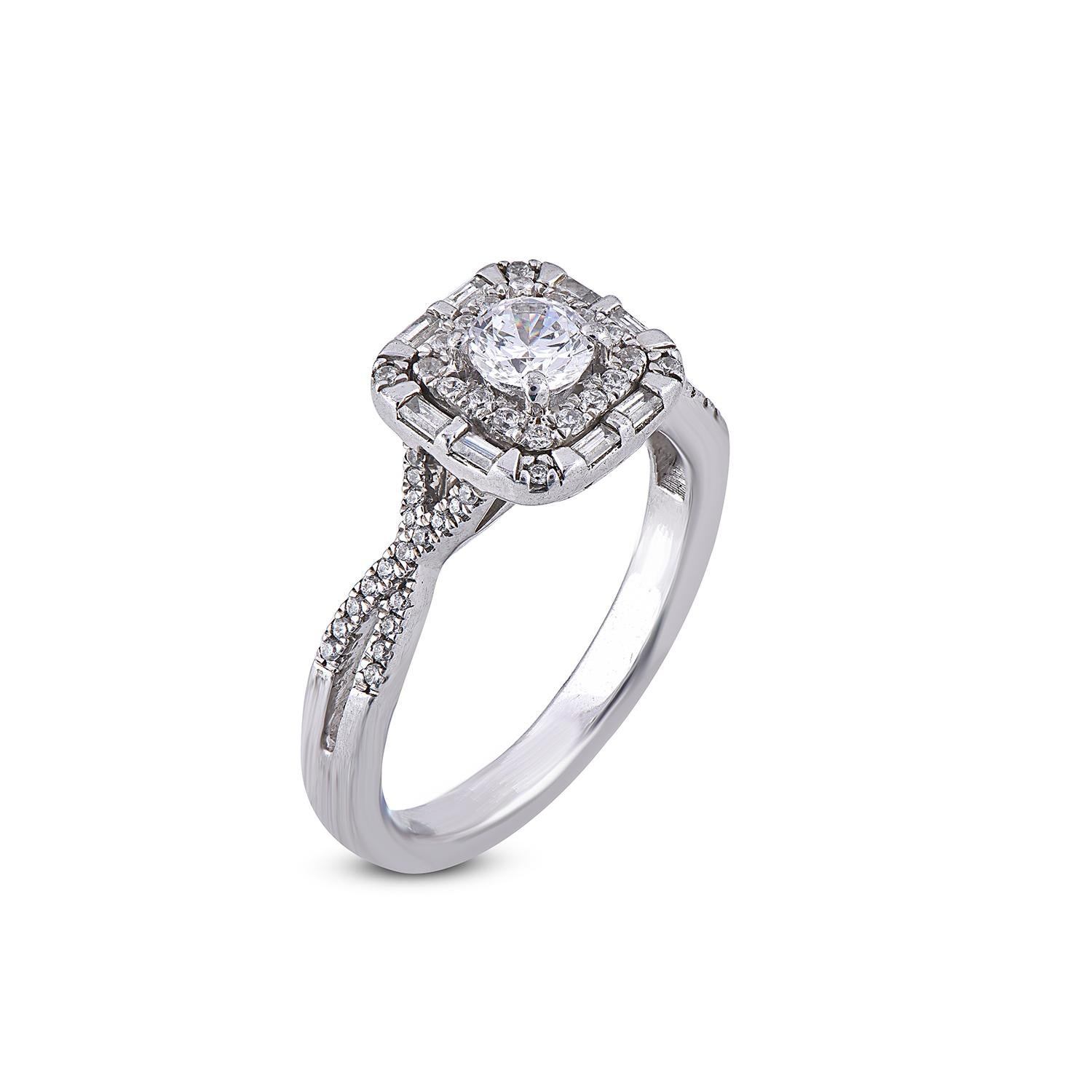 Exquisite diamond engagement ring features with 0.33 ct centre stone and 0.32 ct of diamond frame and shank lined diamonds. Expertly Crafted of sparkling 18 karat solid white gold in high polish finish and set with 57 sparkling round and 8 Bagurtte