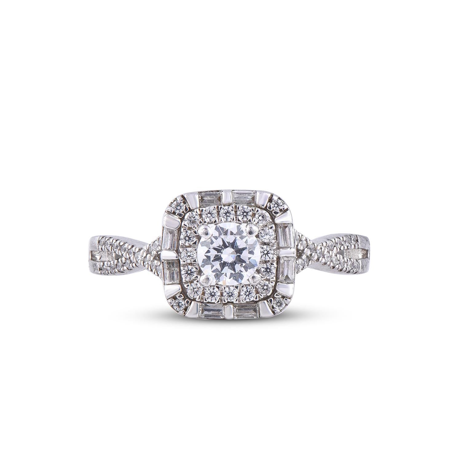 Baguette Cut TJD 0.65 Carat Round & Baguette Diamond 18K White Gold Cushion Shape Bridal Ring For Sale