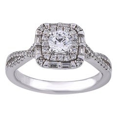 TJD 0.65 Carat Round & Baguette Diamond 18K White Gold Cushion Shape Bridal Ring