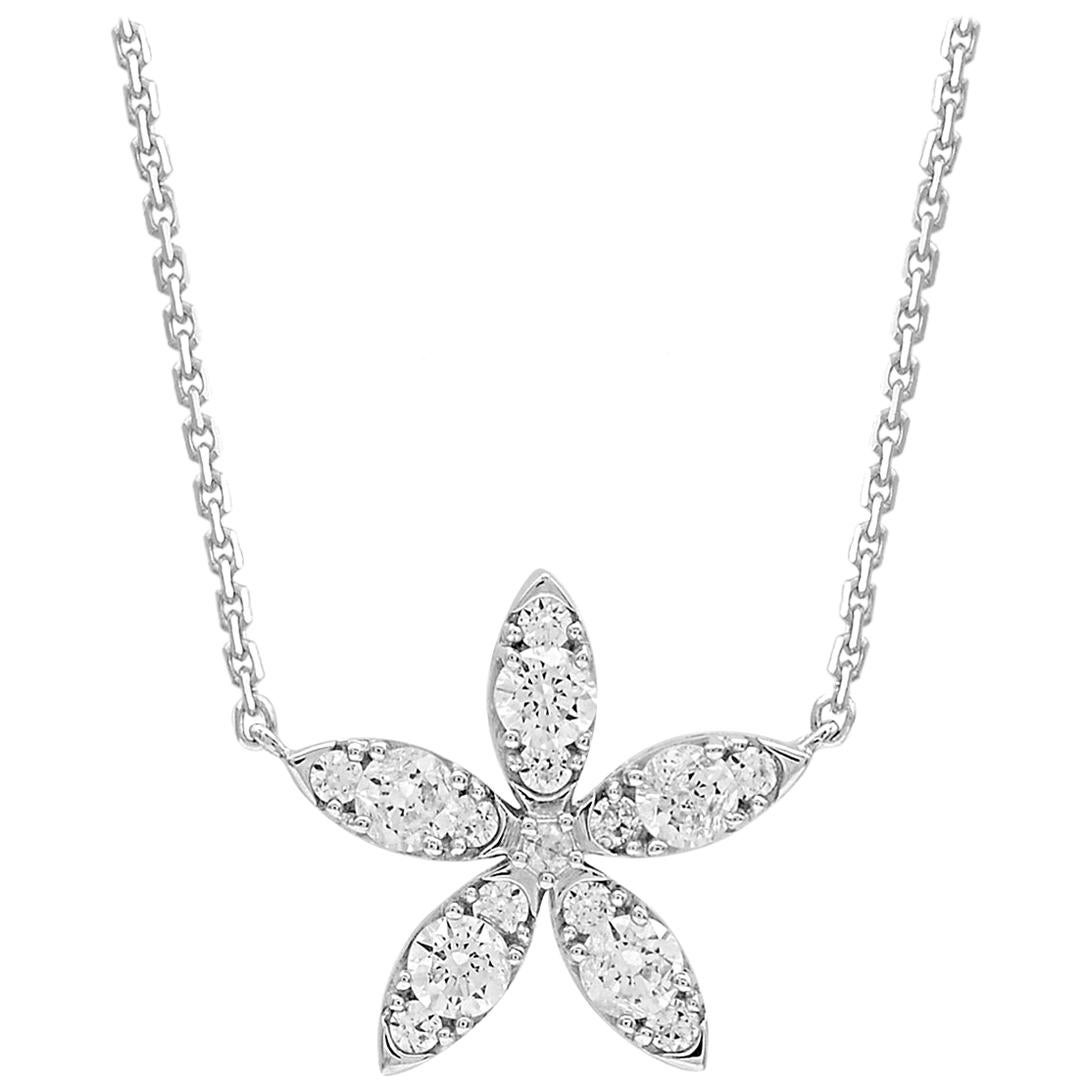 TJD 0.65 Carat Round Diamond 14K White Gold Floral Design Pendant with Chain