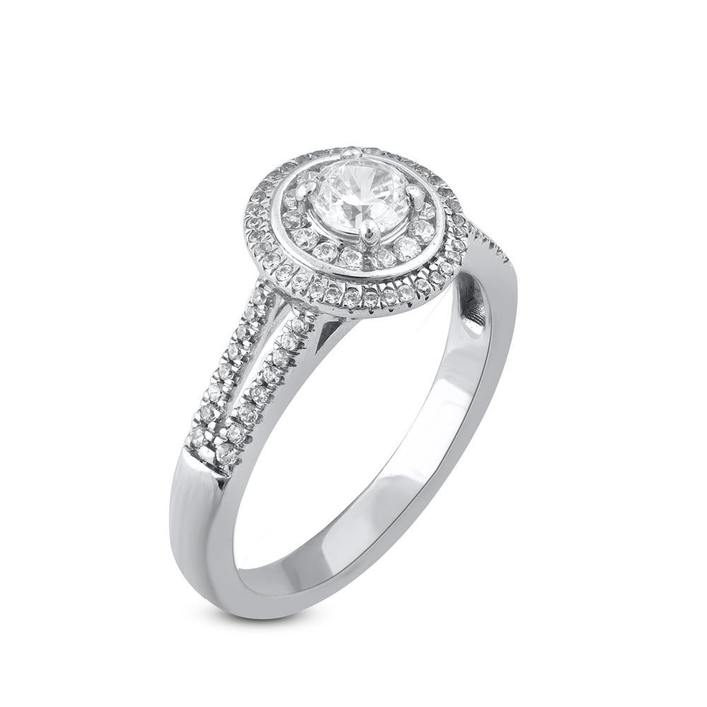 Contemporary TJD 0.65 Carat Round Cut Diamond 14KT White Gold Engagement Halo Cluster Ring For Sale