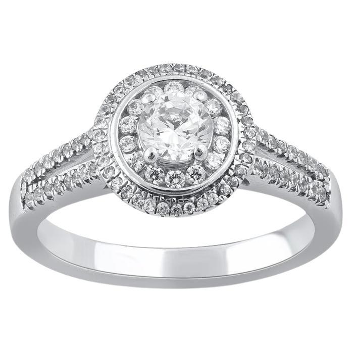 TJD 0.65 Carat Round Cut Diamond 14KT White Gold Engagement Halo Cluster Ring For Sale