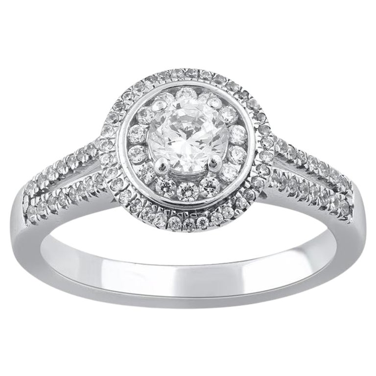 TJD 0.65 Carat Round Cut Diamond 14KT White Gold Engagement Halo Cluster Ring