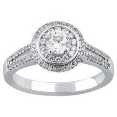 TJD 0.65 Carat Round Cut Diamond 14KT White Gold Engagement Halo Cluster Ring