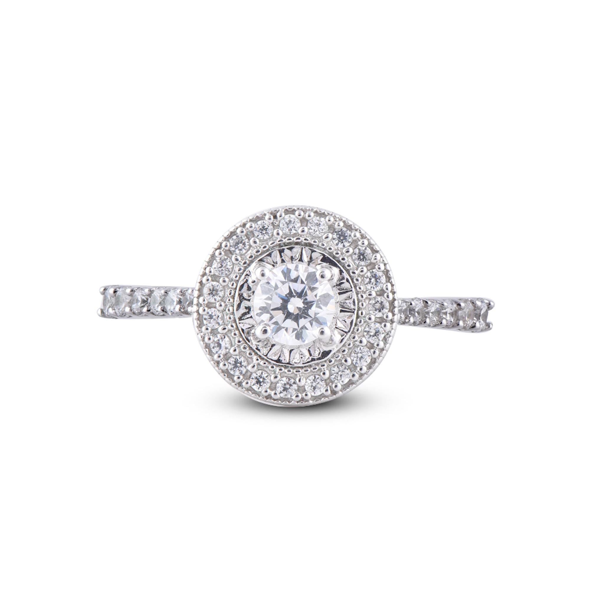 Art Deco TJD 0.65 Carat Round Diamond 18 Karat White Gold Engagement Ring For Sale