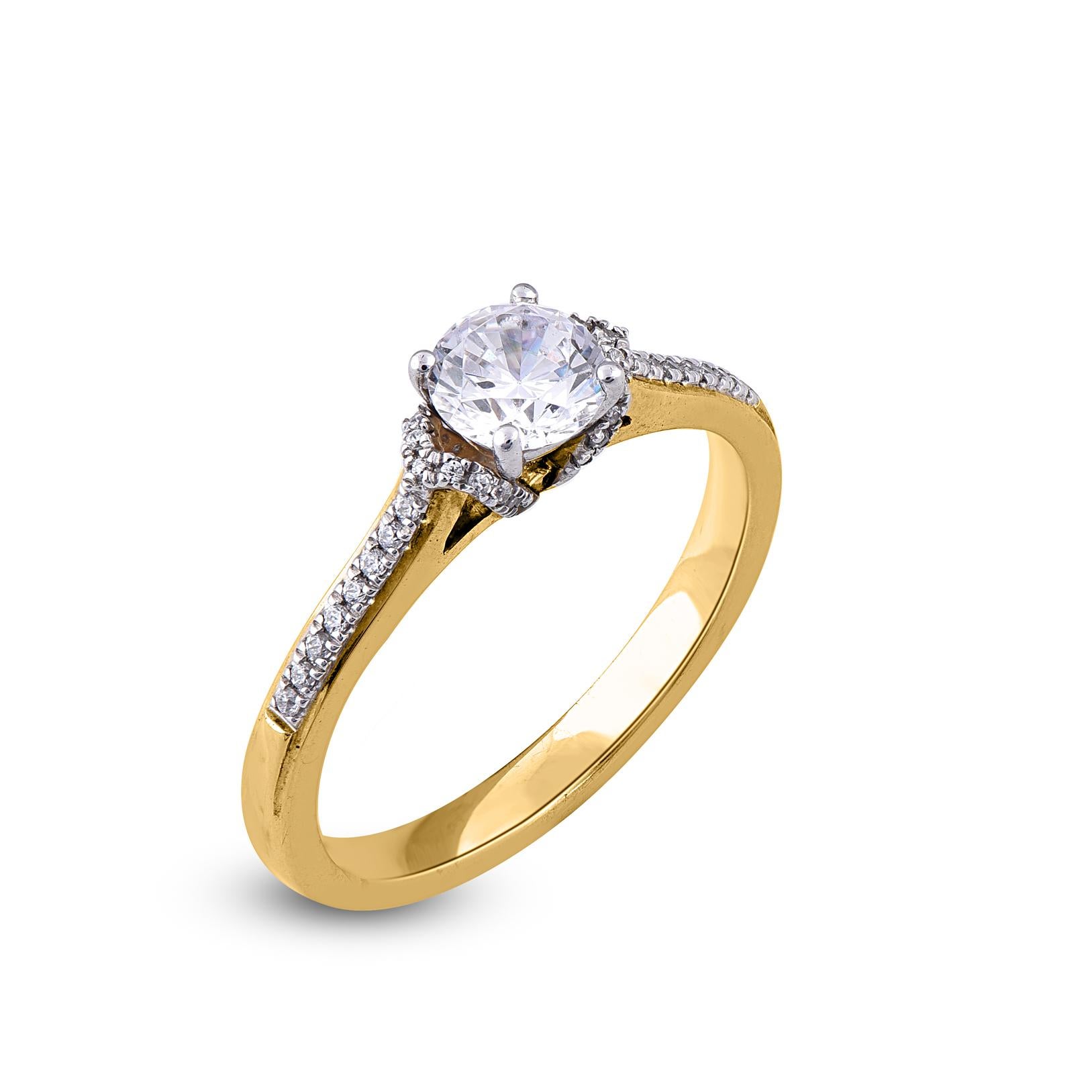 Ask her to be yours with this dazzling bridal halo ring which adds a touch to sophistication to your style with this 18 Karat Yellow Gold. This ring features 0.55 ct of center stone and 0.10 ct of 38 Round White Diamonds lined on shank set in Prong