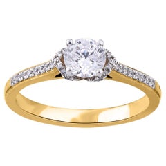 TJD 0.65 Carat Round Diamond 18 Karat Yellow Gold Bridal Halo Engagement Ring