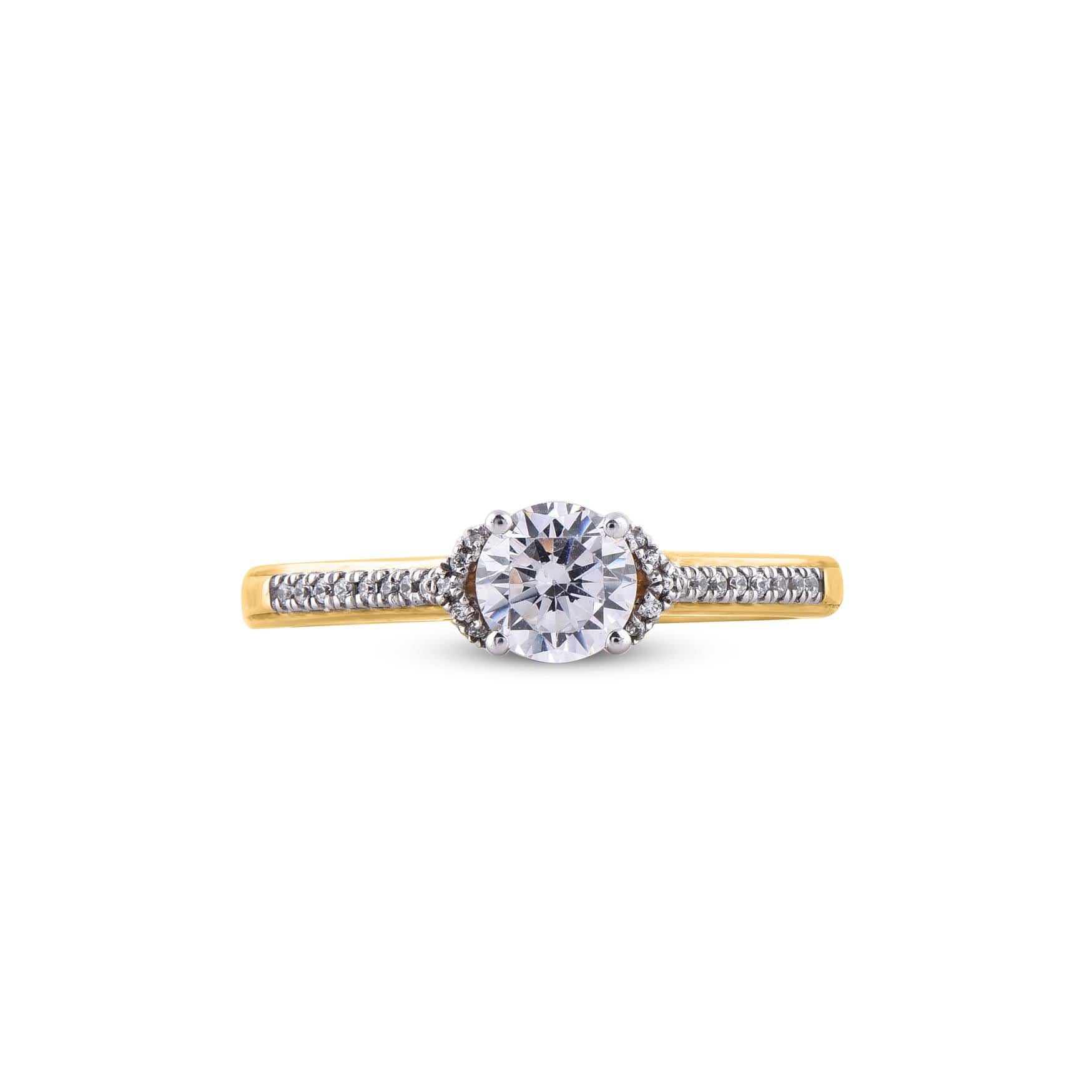 Contemporain Bague de fiançailles de mariage en or jaune 18 carats avec diamant naturel rond de 0,65 carat TJD en vente