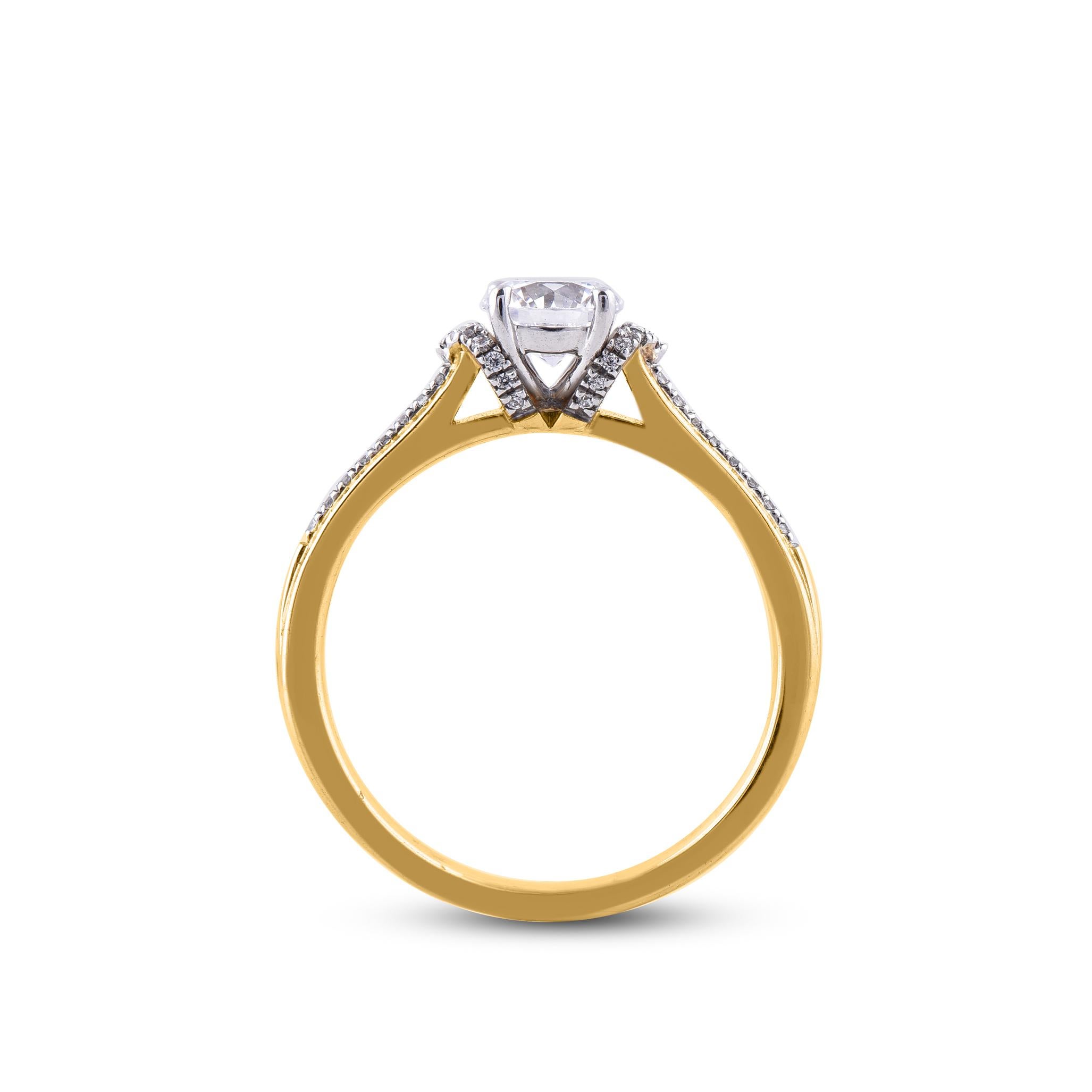 Bague de fiançailles de mariage en or jaune 18 carats avec diamant naturel rond de 0,65 carat TJD Neuf - En vente à New York, NY