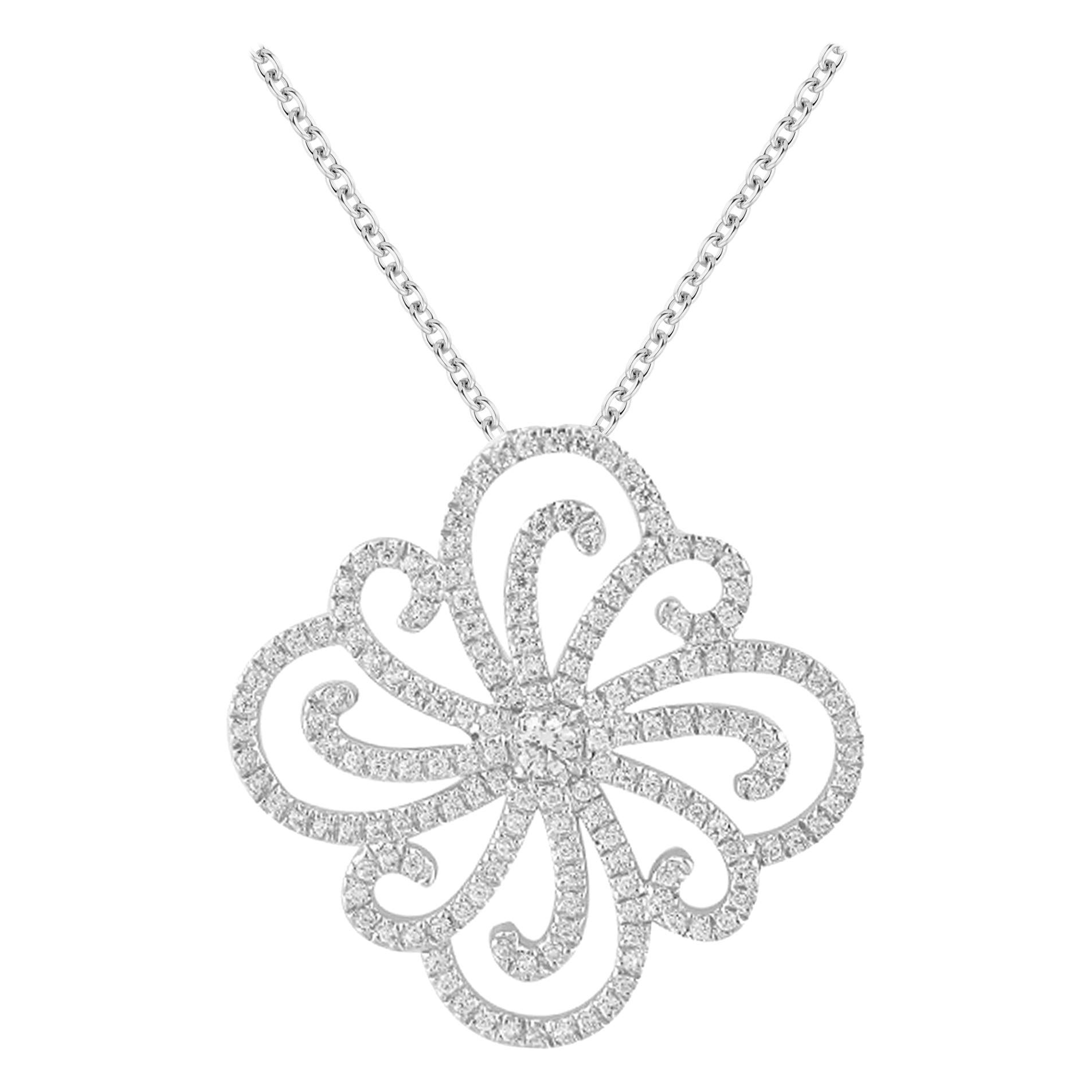 TJD 0.66 Carat Round Diamond 18 Karat White Gold Designer Floral Diamond Pendant