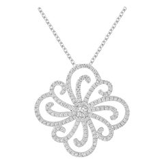 TJD 0.66 Carat Round Diamond 18 Karat White Gold Designer Floral Diamond Pendant