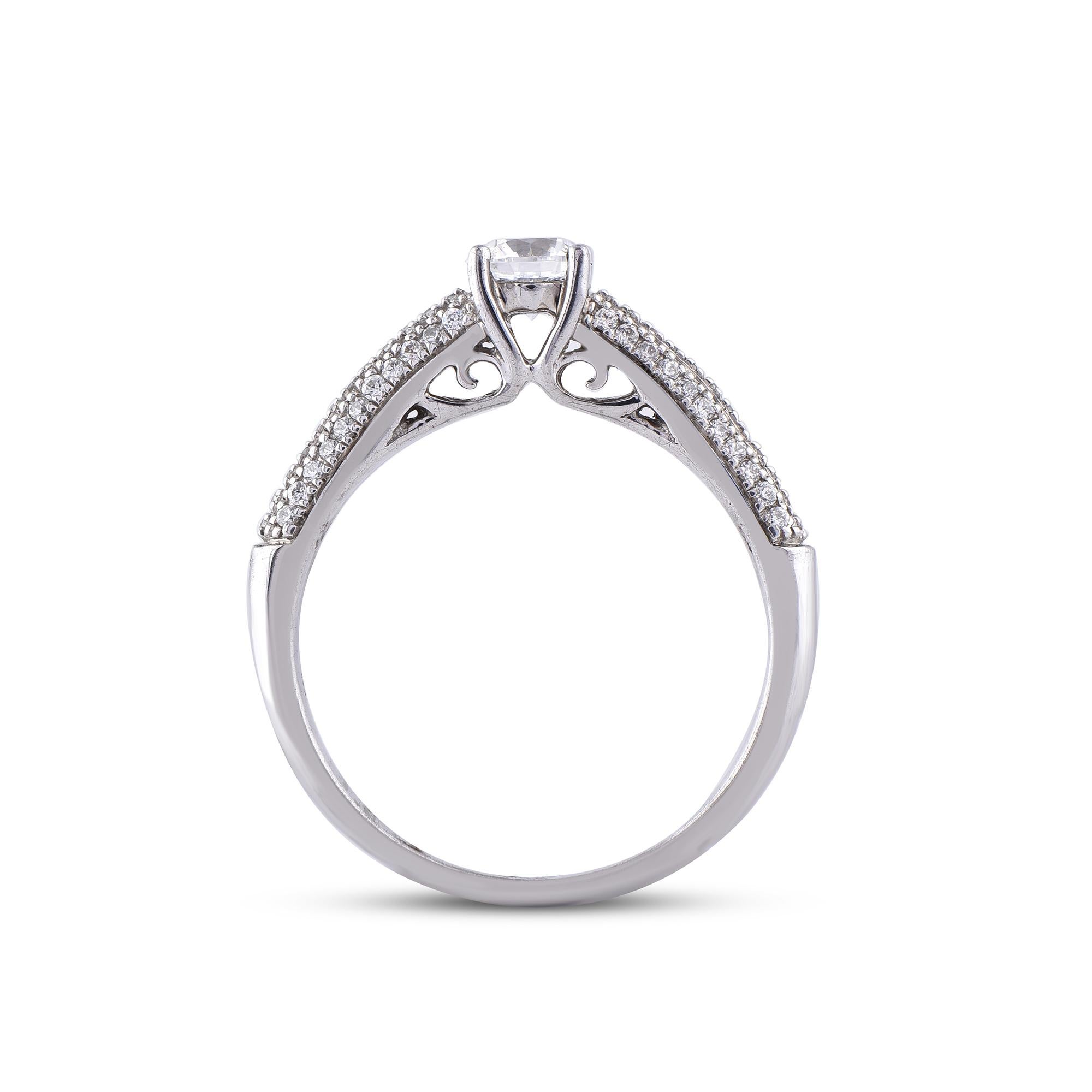 Women's TJD 0.66 Carat Natural Round Cut Diamond 14 Karat White Gold Engagement Ring For Sale