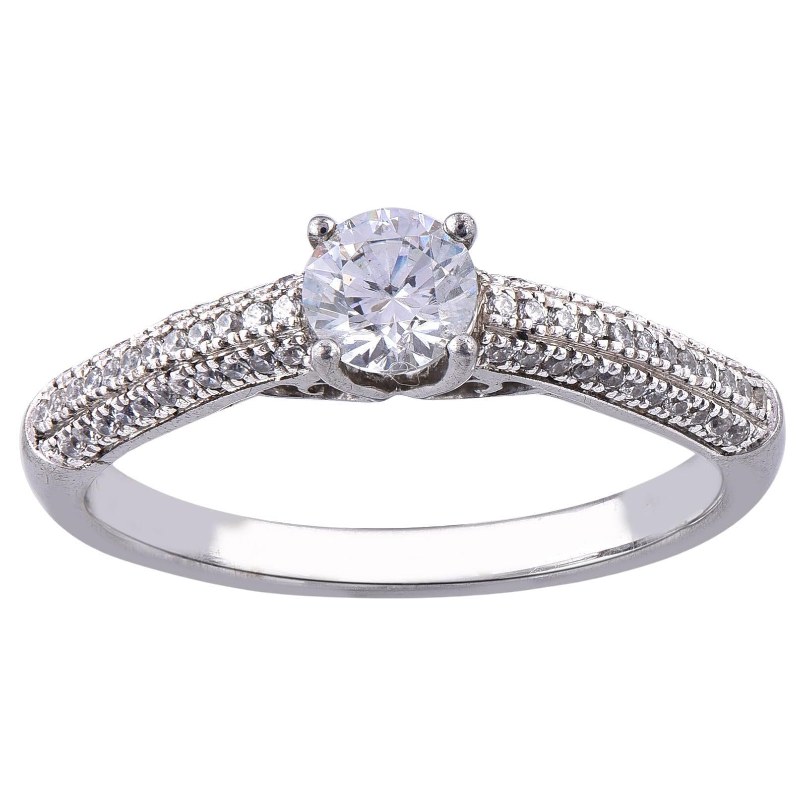 Bague de fiançailles en or blanc 14 carats avec diamants naturels taille ronde de 0,66 carat TJD