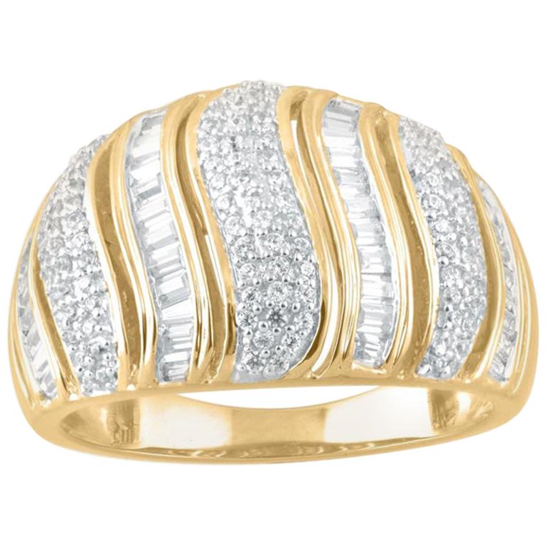 TJD 0.66 Carat Round & Baguette Diamond 14KT Yellow Gold Dome Style Fashion Ring