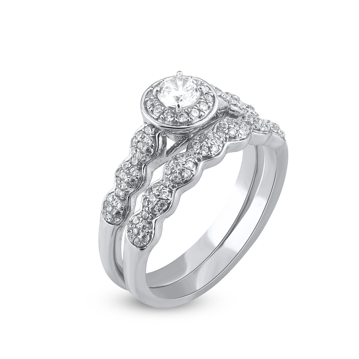 Contemporary TJD 0.66 Carat Round Cut Diamond 14KT White Gold Vintage Style Bridal Ring Set For Sale