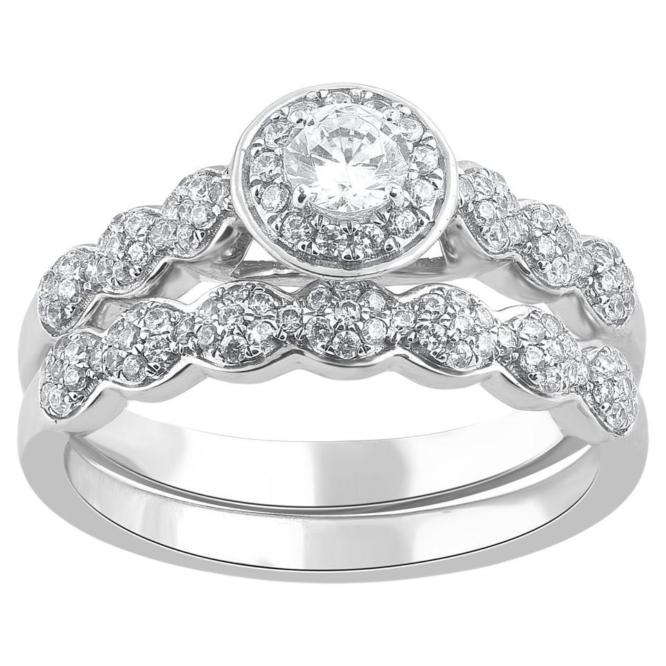 TJD 0.66 Carat Round Cut Diamond 14KT White Gold Vintage Style Bridal Ring Set For Sale