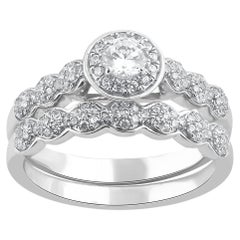 TJD 0.66 Carat Round Cut Diamond 14KT White Gold Vintage Style Bridal Ring Set