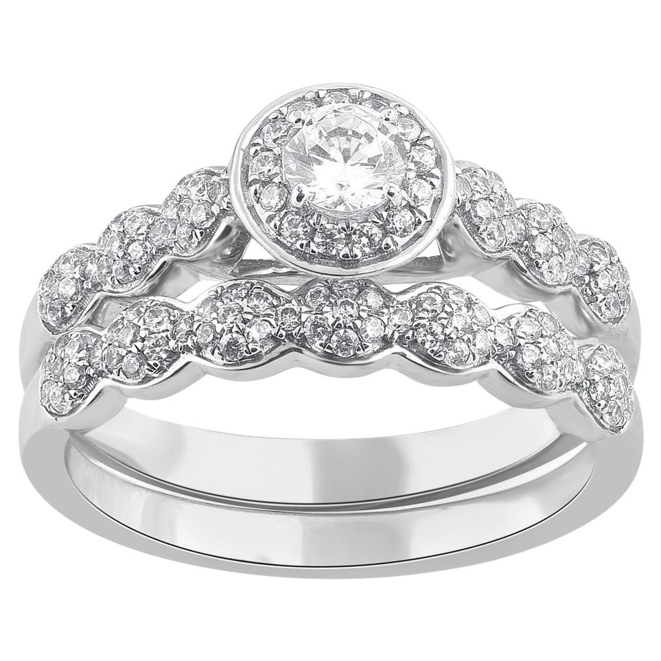 TJD 0.66 Carat Round Cut Diamond 14KT White Gold Vintage Style Bridal Ring Set