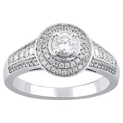 TJD 0.66 Carat Round Diamond 18 Karat White Gold Double Frame Halo Bridal Ring