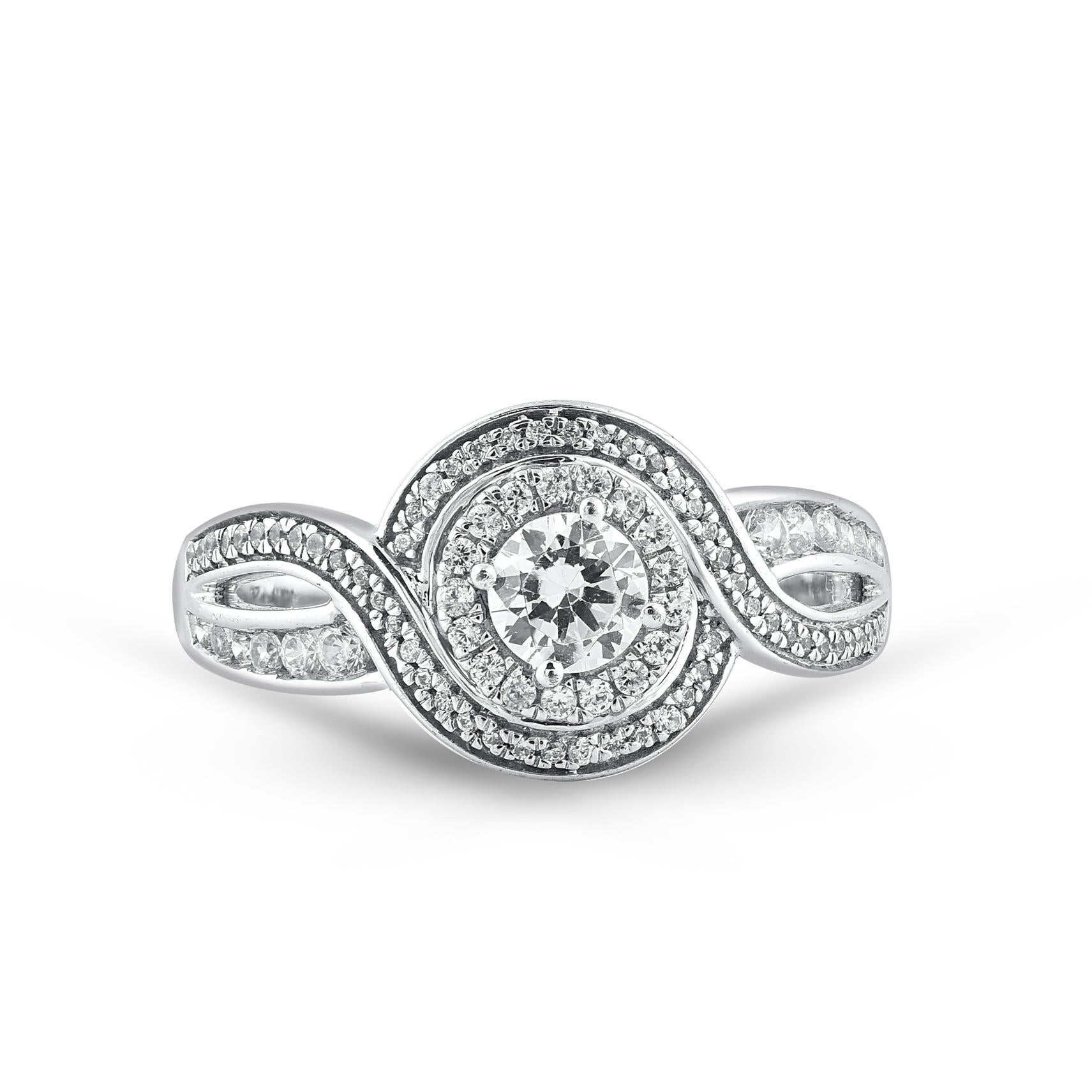 Contemporary TJD 0.66 Carat Round Diamond 18 Karat White Twisted Vintage Style Halo Ring For Sale