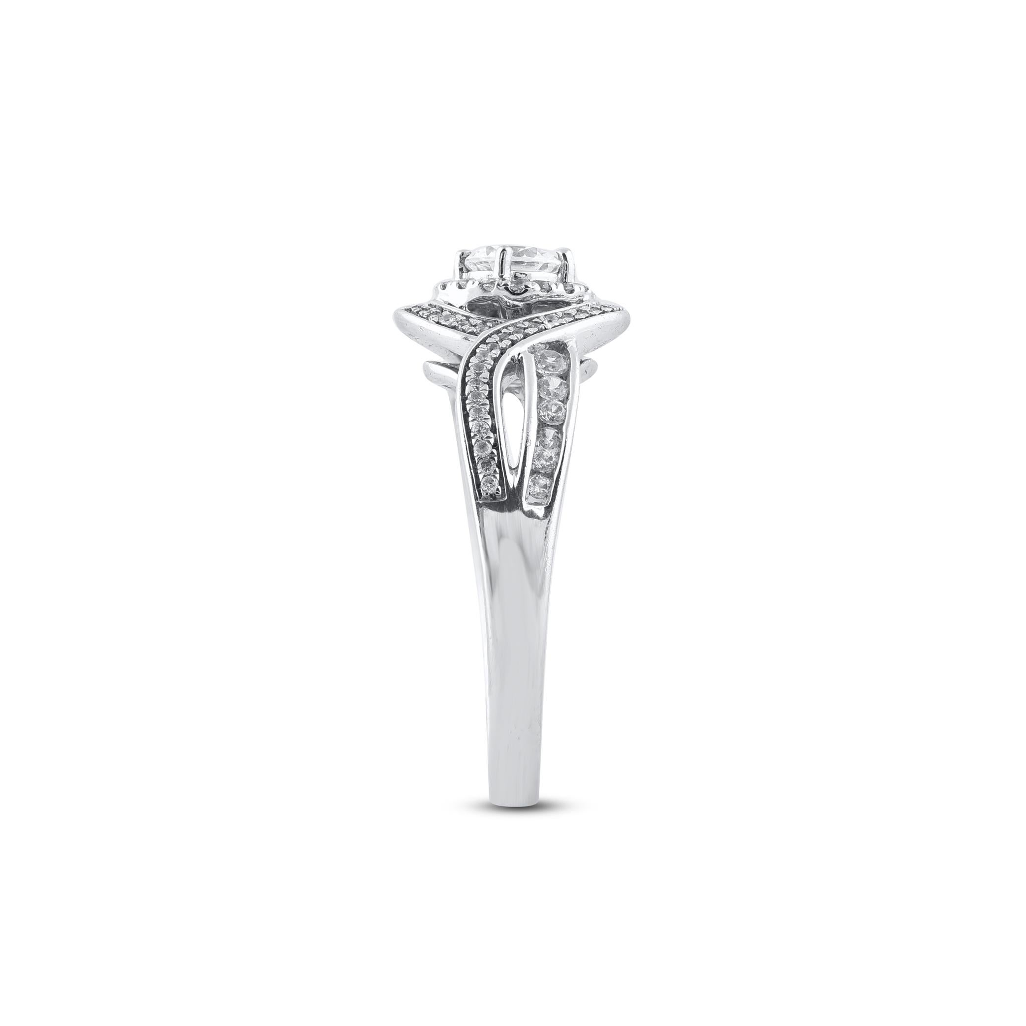 Round Cut TJD 0.66 Carat Round Diamond 18 Karat White Twisted Vintage Style Halo Ring For Sale