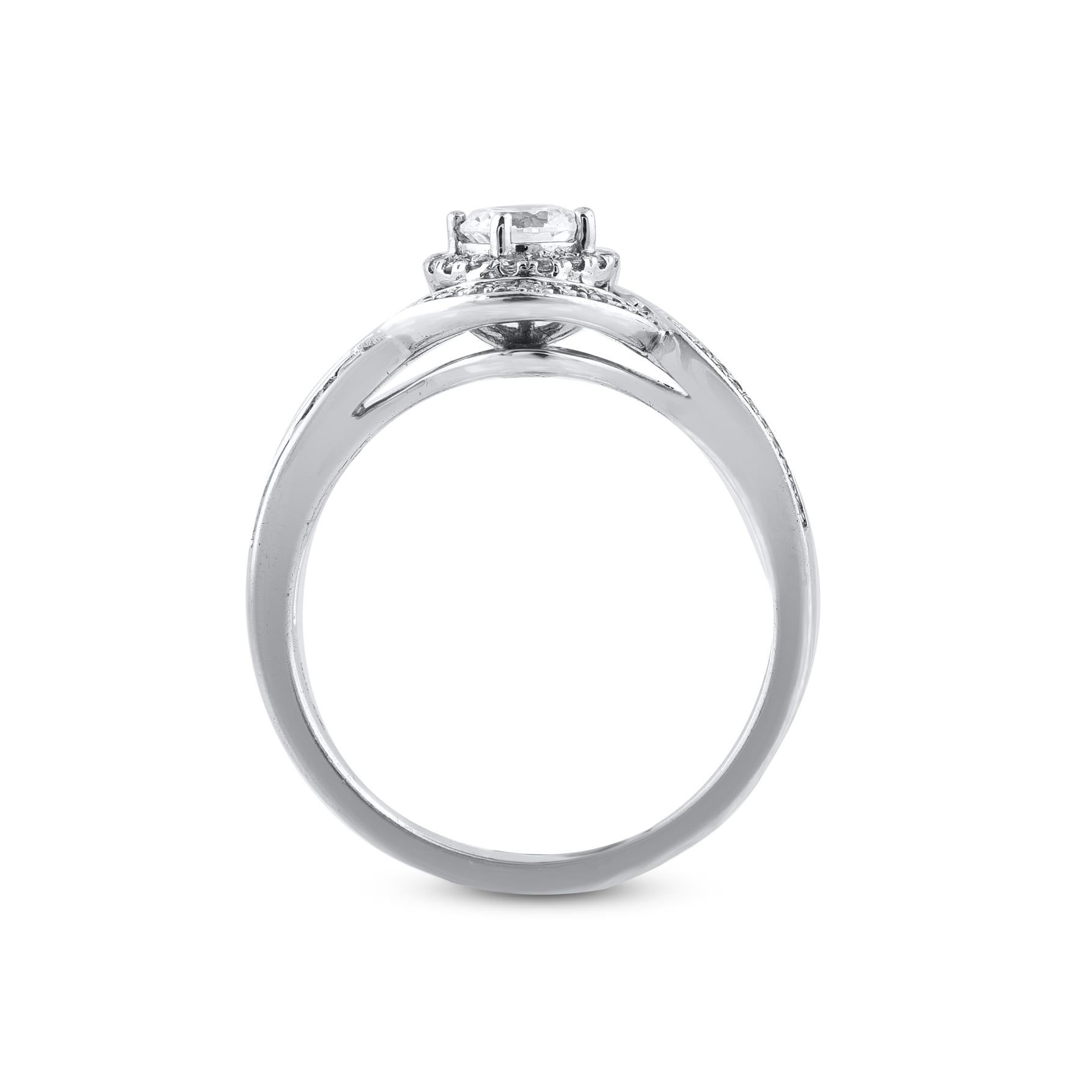 TJD 0.66 Carat Round Diamond 18 Karat White Twisted Vintage Style Halo Ring In New Condition For Sale In New York, NY