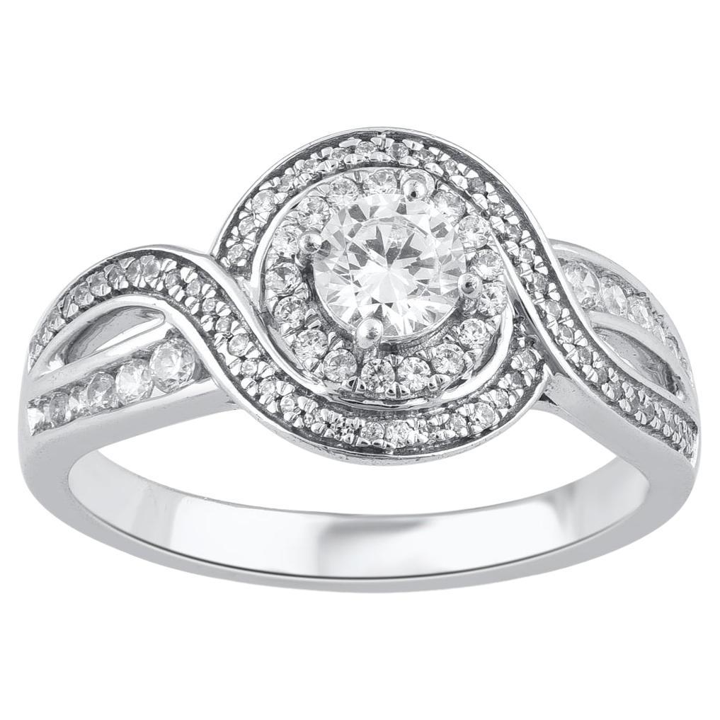 TJD 0.66 Carat Round Diamond 18 Karat White Twisted Vintage Style Halo Ring