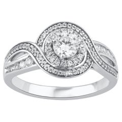 TJD 0.66 Carat Round Diamond 18 Karat White Twisted Vintage Style Halo Ring