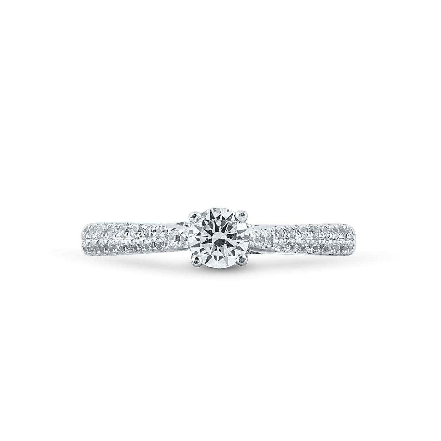 Contemporary TJD 0.66 Carat Round Diamond 18K White Gold Engagement Ring with Shoulder Stones For Sale
