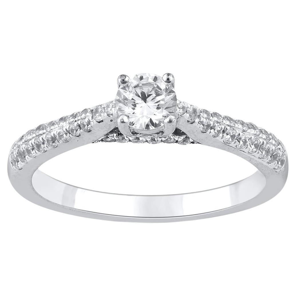 TJD 0.66 Carat Round Diamond 18K White Gold Engagement Ring with Shoulder Stones