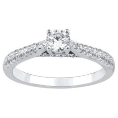 TJD 0.66 Carat Round Diamond 18K White Gold Engagement Ring with Shoulder Stones
