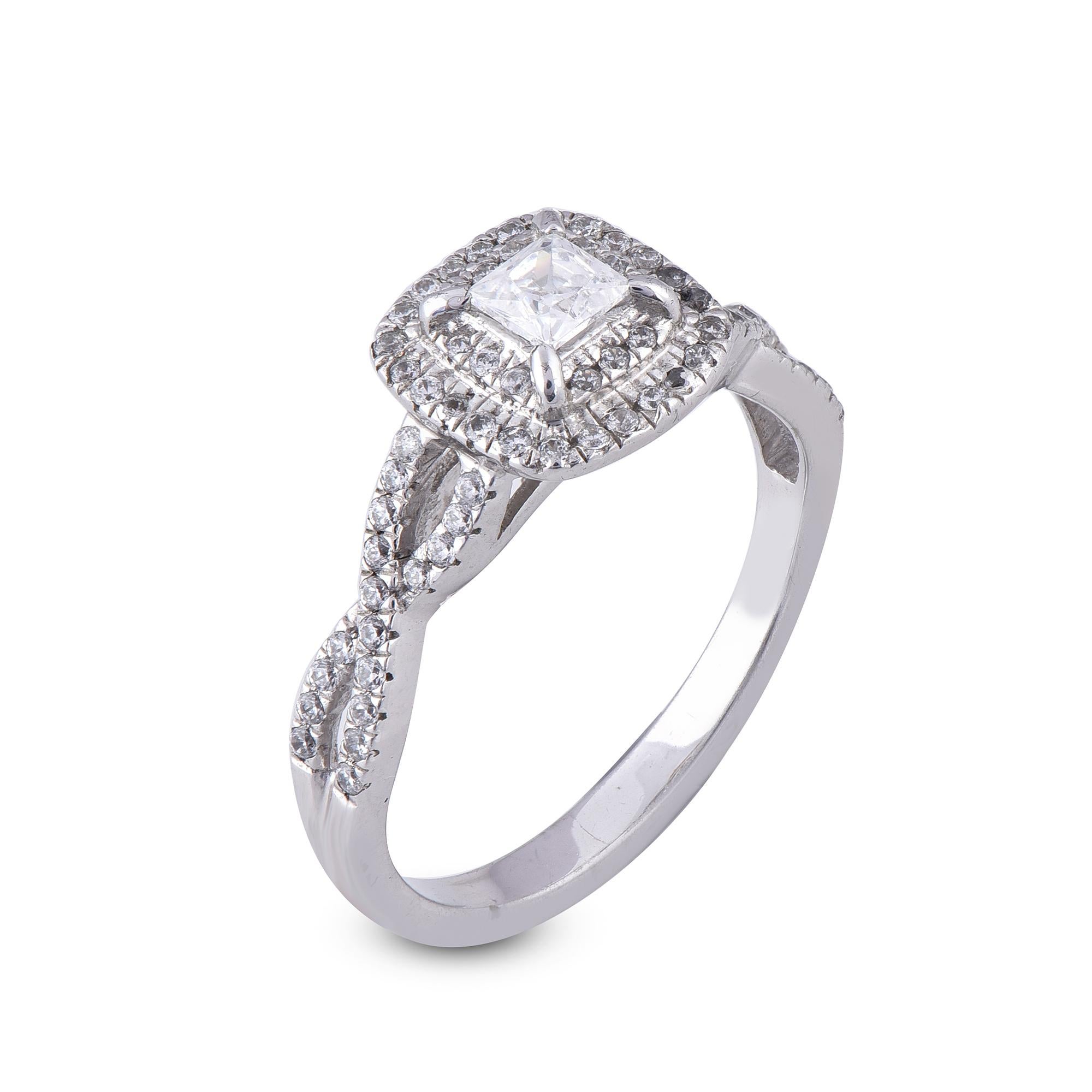 Designed with romance in mind, this diamond twisted shank ring increases the sparkle factor. The ring is crafted from 18 karat gold in your choice of white, rose, or yellow, and features Round 72  roung and 1 princess cut diamond in Prong setting