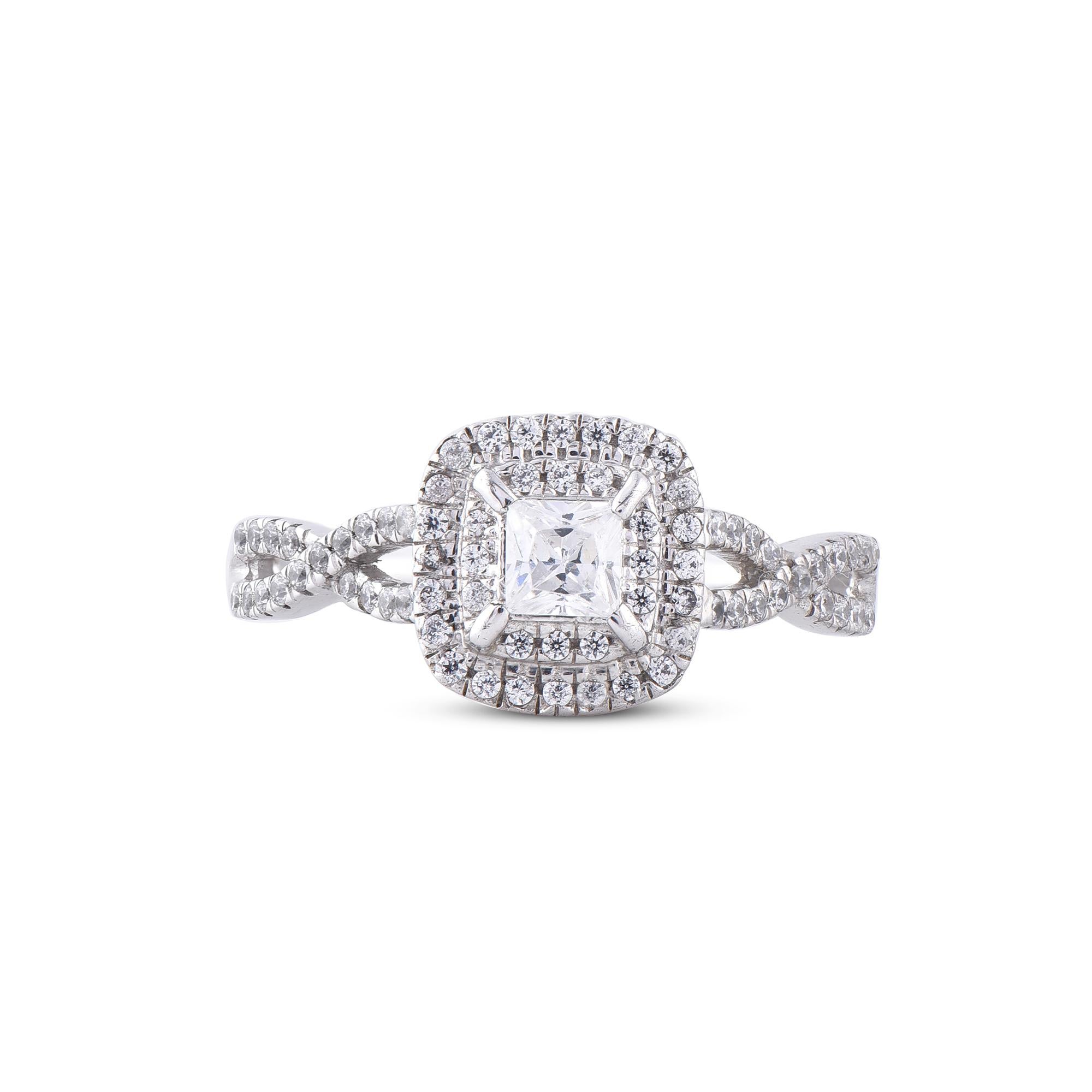 TJD 0.66Ct Princesse/runder Diamant 18Kt WG Quadratisch Doppeltes Gestell Verdrehter Schaft Ring (Carréschliff) im Angebot