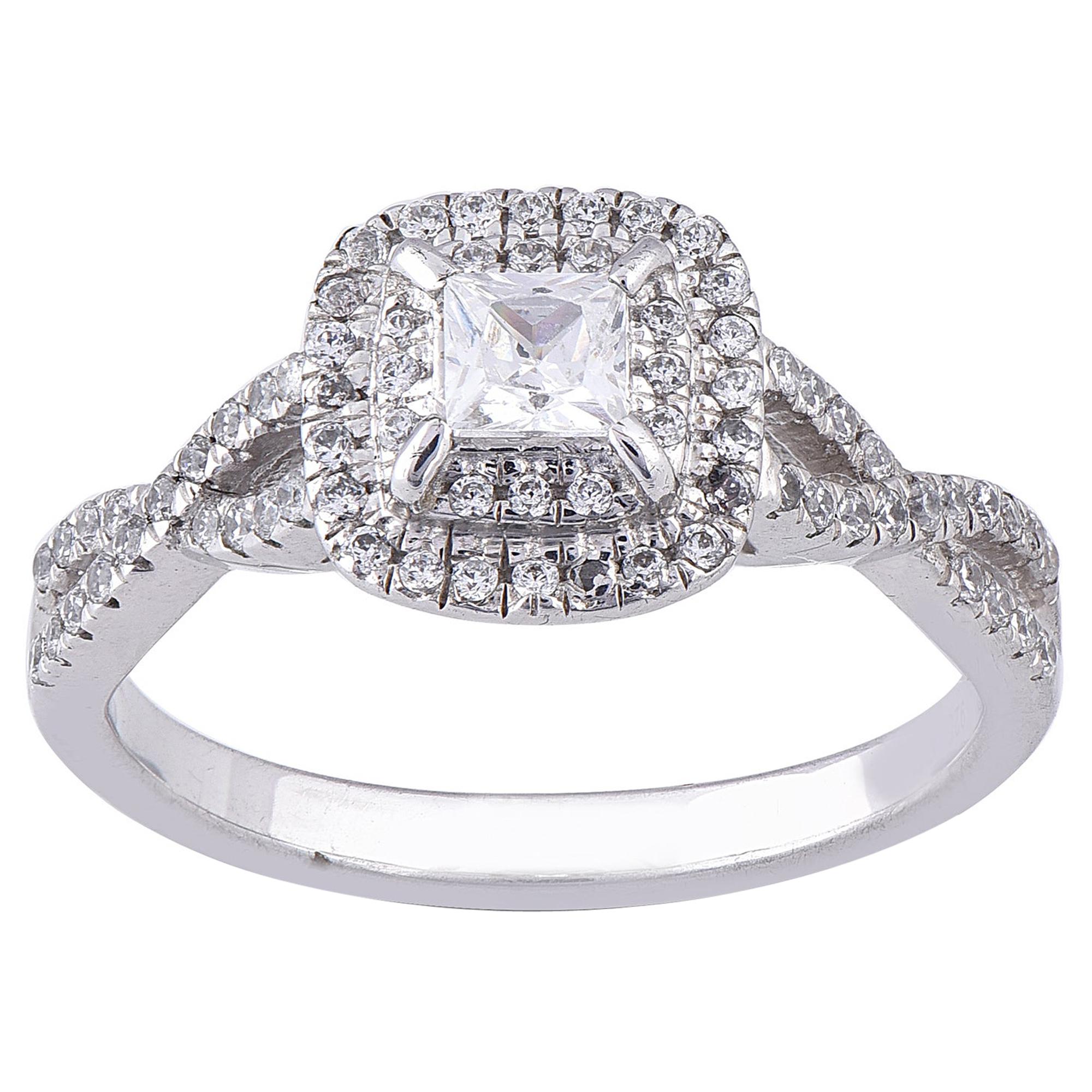 TJD 0.66Ct Princesse/runder Diamant 18Kt WG Quadratisch Doppeltes Gestell Verdrehter Schaft Ring im Angebot
