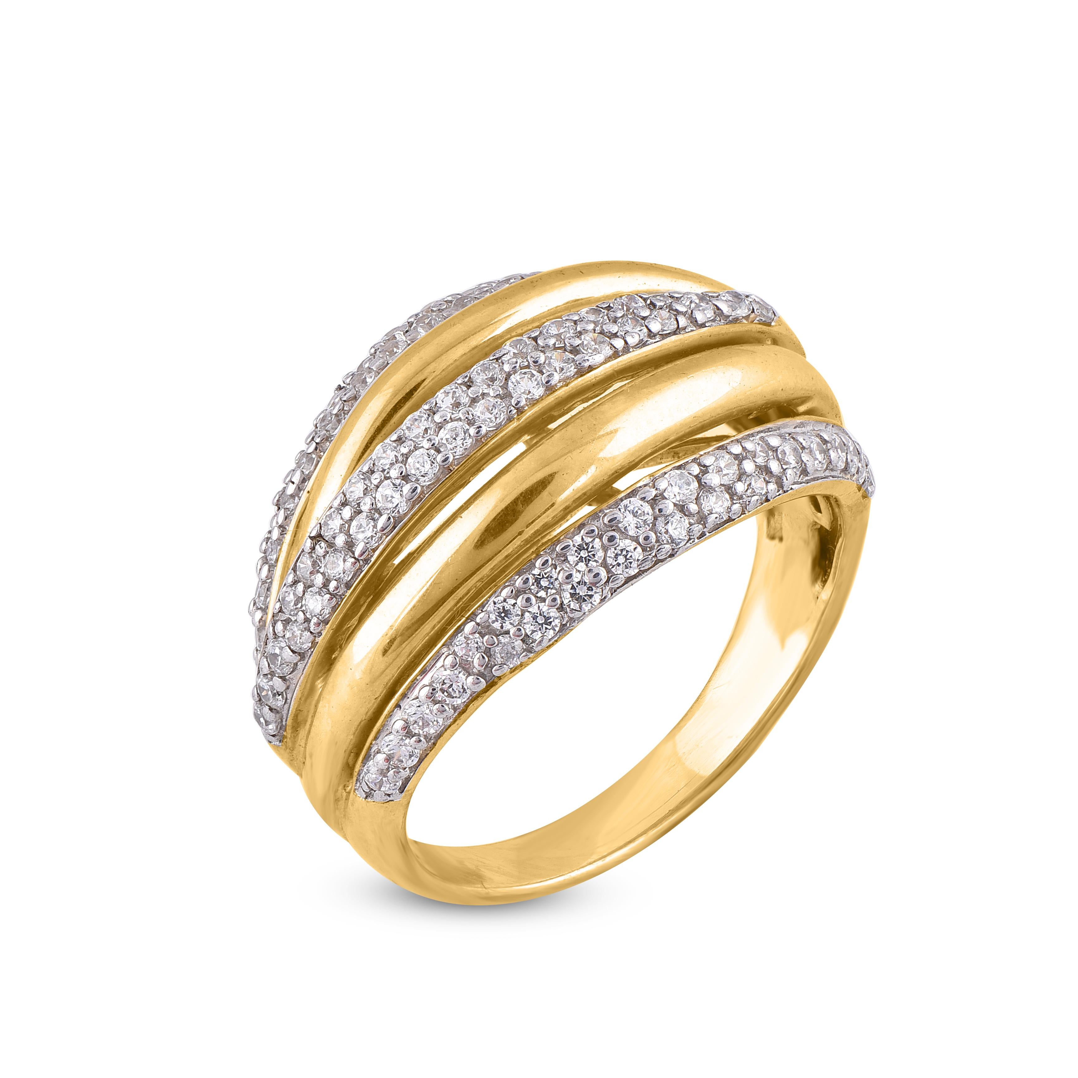 This wide wedding band is expertly crafted in 14 Karat Yellow Gold and features 88 Round Brilliant-cut White diamonds set in pave setting. We only use 100% natural and conflict free diamonds which sparkles in H-I color I2 clarity. This ring has high
