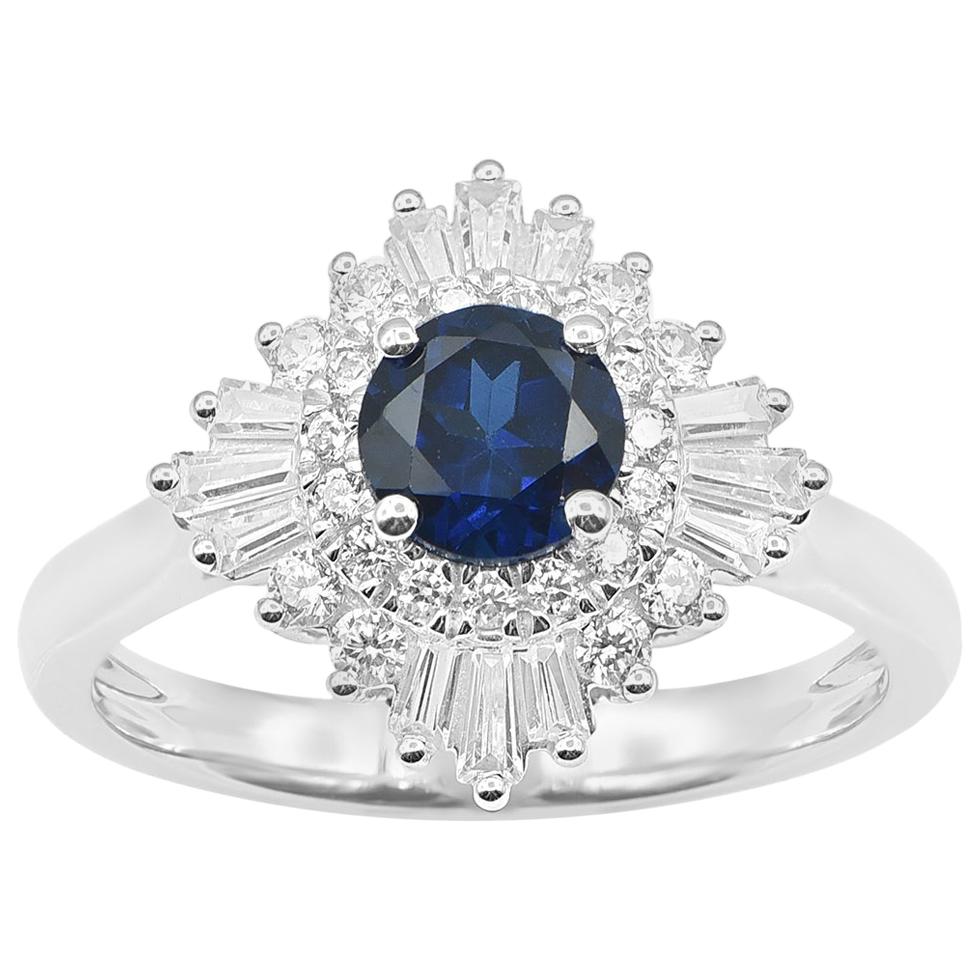 TJD 0.70 Carat Natural Blue Sapphire and Diamond 14 Karat Gold Ballerina Ring