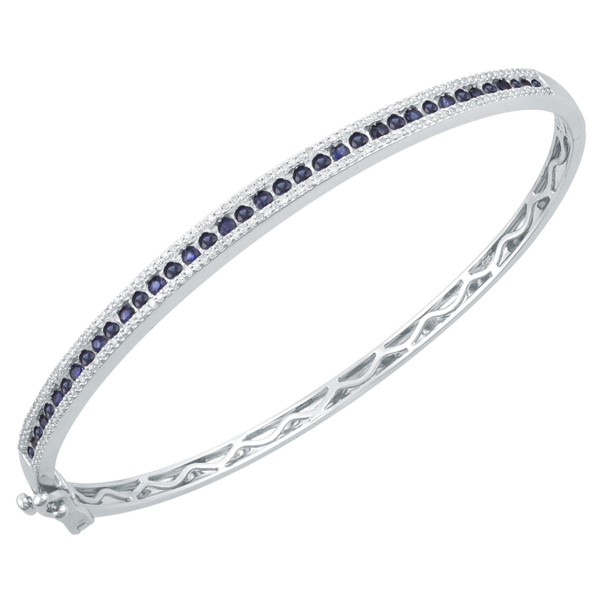 TJD 0.70 Carat Round Diamond and Natural Blue Sapphire 14K White Gold Bangle For Sale