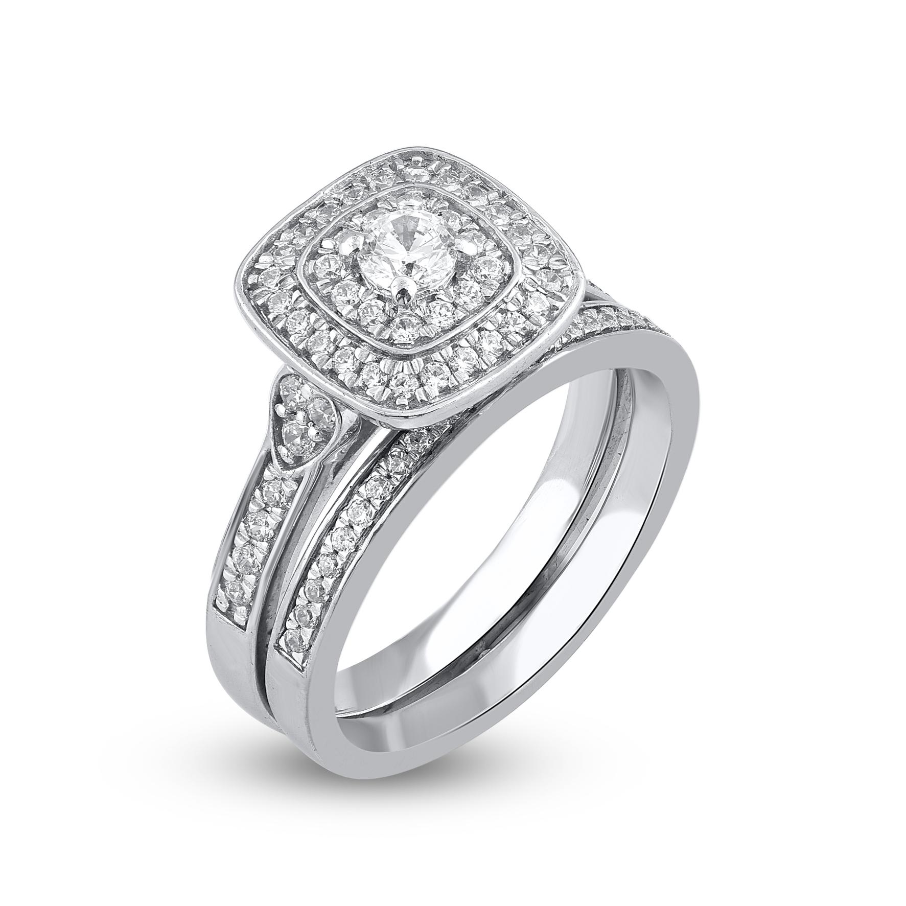 Contemporary TJD 0.70 Carat Natural Round Cut Diamond 14 Karat White Gold Bridal Ring Set For Sale