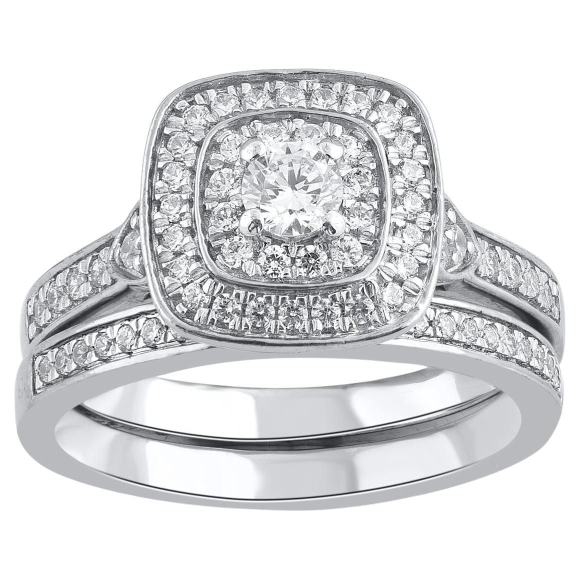 TJD 0.70 Carat Natural Round Cut Diamond 14 Karat White Gold Bridal Ring Set For Sale