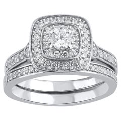 Used TJD 0.70 Carat Natural Round Cut Diamond 14 Karat White Gold Bridal Ring Set