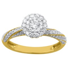 TJD 0.70 Carat Round Diamond 18K Yellow Gold Spiral Double Halo Enagement Ring