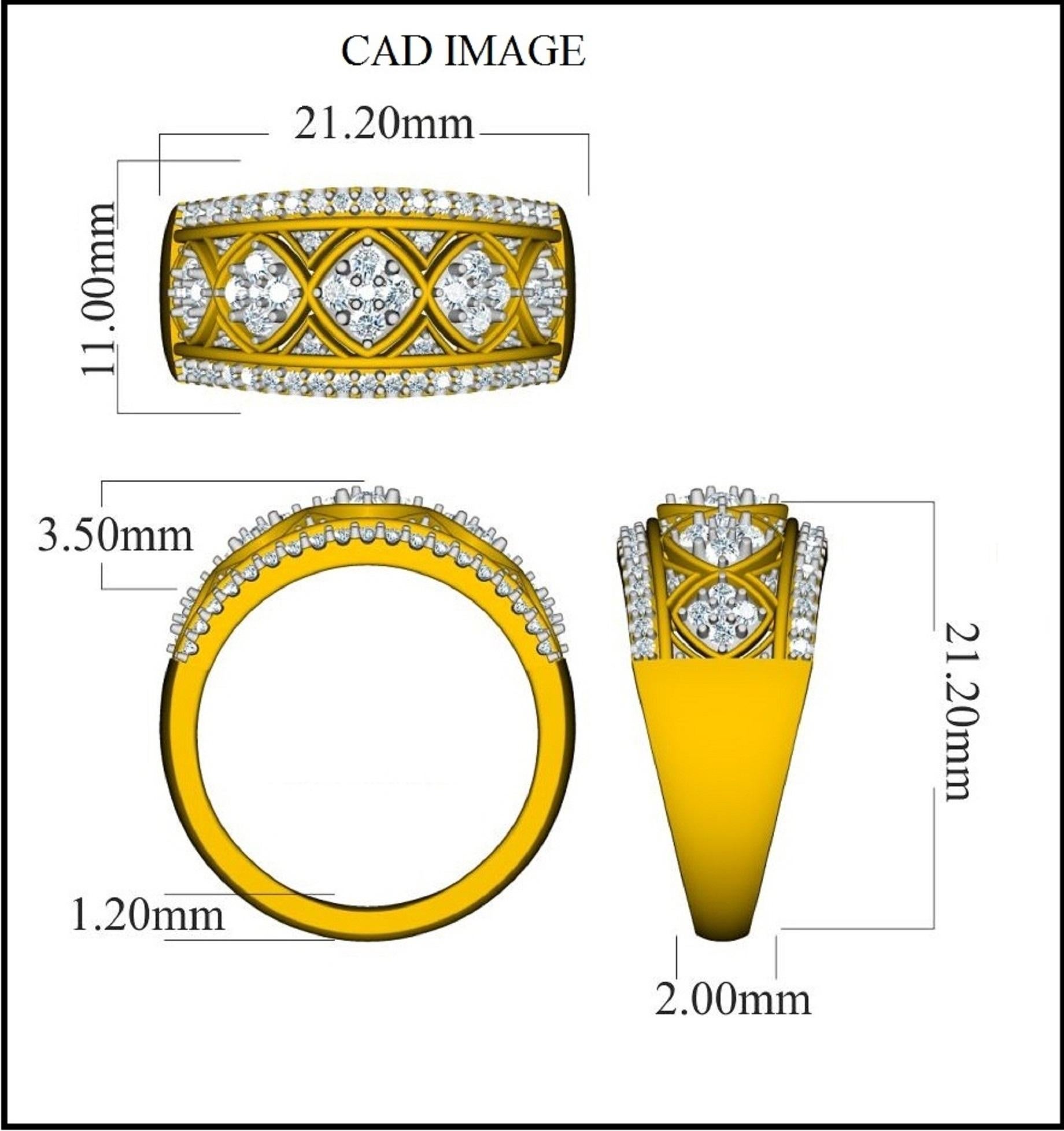 Stunning and classic, this diamond ring is beautifully crafted in 14K Solid White gold. The wide band is lined with sparkling 71 brilliant round white diamonds in secured stackable prong and pave settings. the diamonds are natural, not-treated and